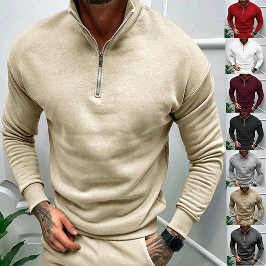 Sweat-shirt zippé de couleur unie pour homme, haut à manches longues doublé polaire, automne et hiver