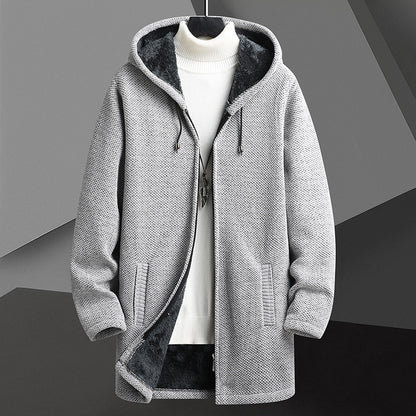 Cardigan mi-long à capuche et fermeture éclair pour homme, doublé polaire, automne-hiver