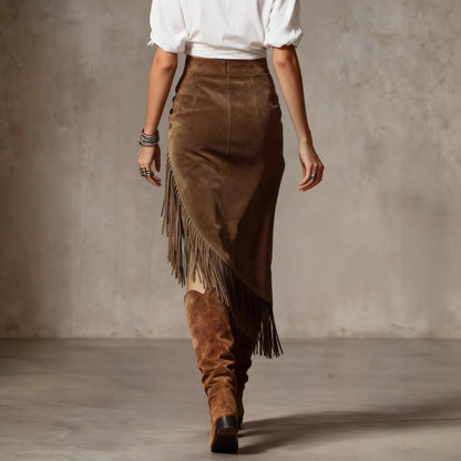 Womens Retro Western Fringe Hem Irregular Suede Skirt