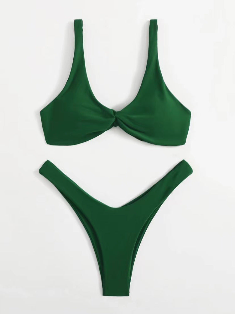 Pure Color Knotted Sexy High-footed Bikini Strap Split Swimsuit