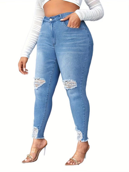 Un jean taille haute extensible,  avec trou. Stylée fashion pour femme.