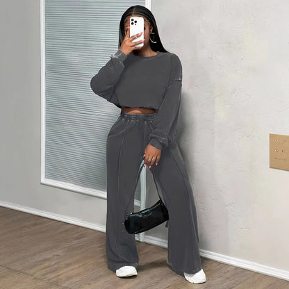 Womens Solid-Color Loose Wide-Leg Pants And Long-Sleeve Top Set