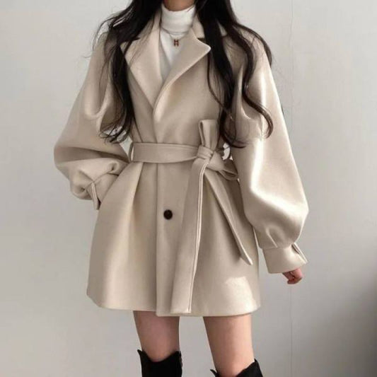 Manteau coupe-vent ample en laine pour femme, col tailleur, mi-long et petit