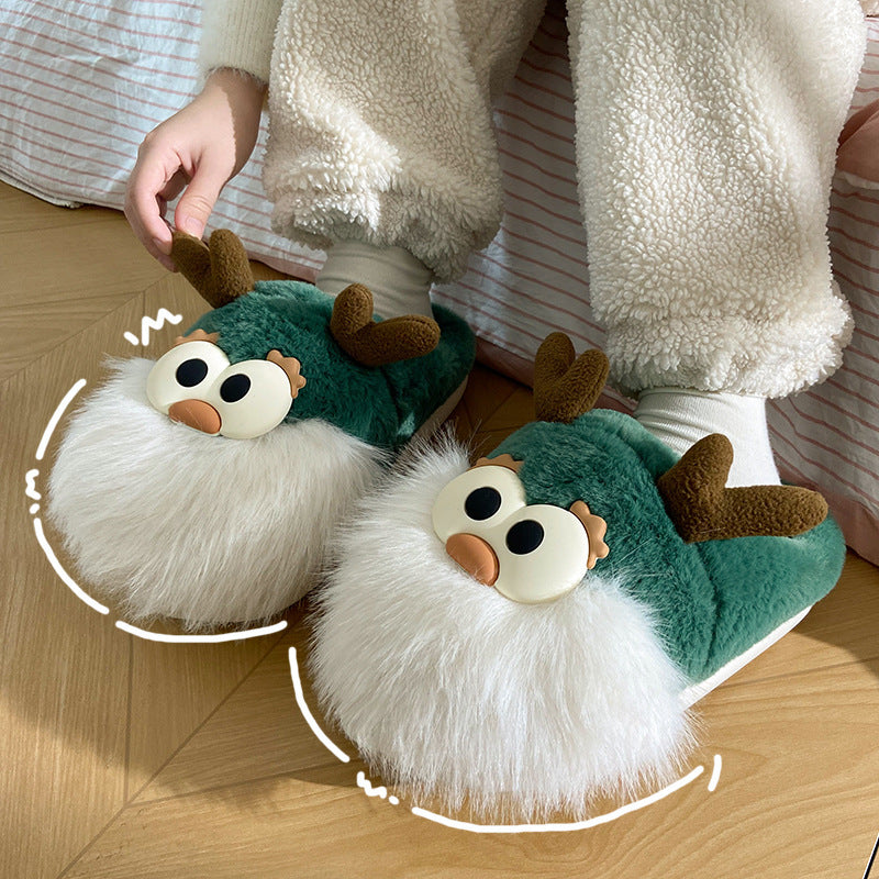 Chaussures mignonnes en coton avec motif cerf de Noël pour femme, pantoufles d'hiver d'intérieur, à talon semi-couvert, chaudes et en peluche