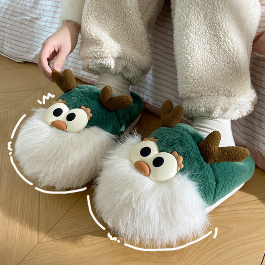 Chaussures mignonnes en coton avec motif cerf de Noël pour femme, pantoufles d'hiver d'intérieur, à talon semi-couvert, chaudes et en peluche