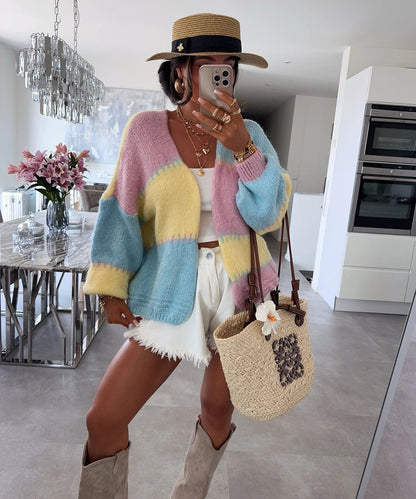 New Colorful Plaid Patchwork Contrast-color Knit Sweater Jacket With Gold Thread