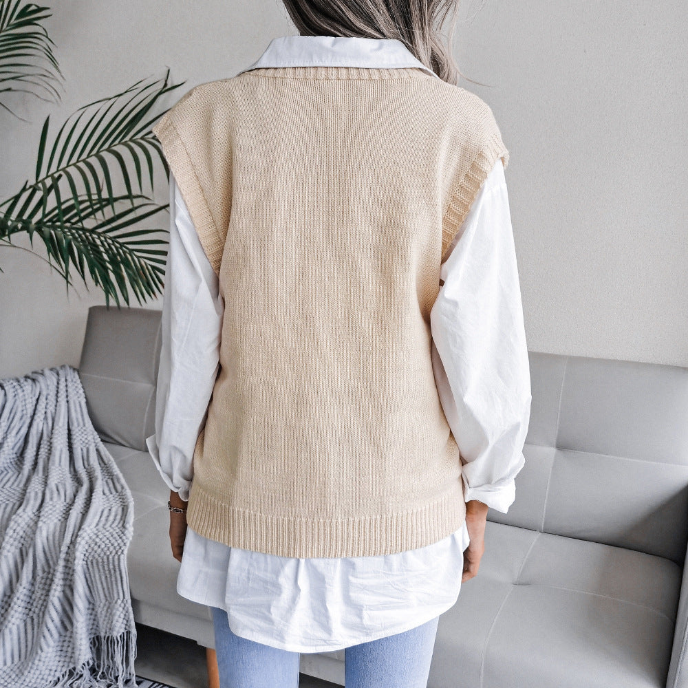 European And American Hollowed Out Twist V-neck Knitted Vest Sweater