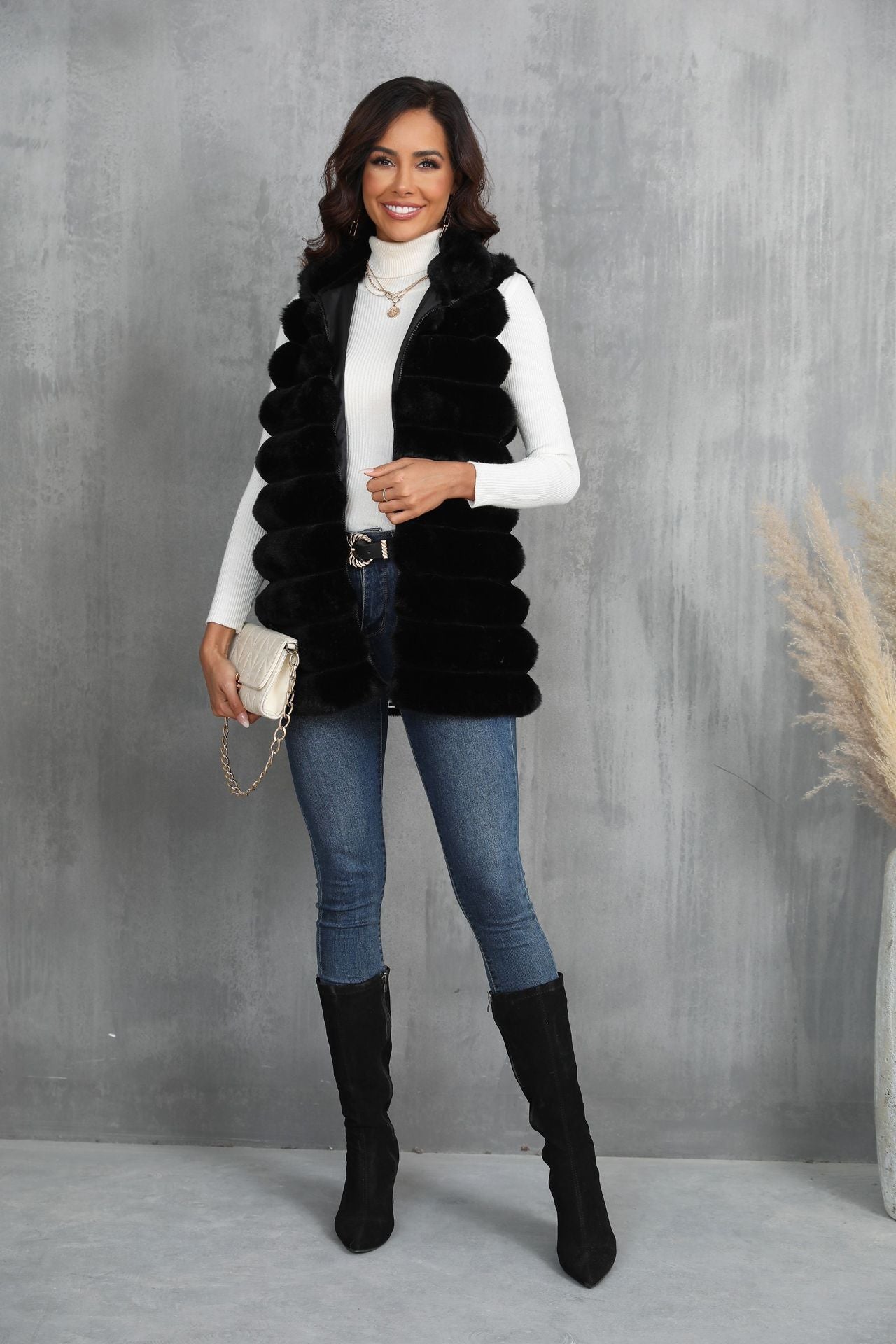 Gilet mi-long en fausse fourrure pour femme, nouvelle collection automne-hiver