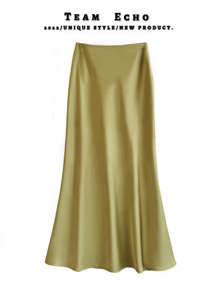 High Waist Slimming Mid-length Satin Acetate Silky Skirt