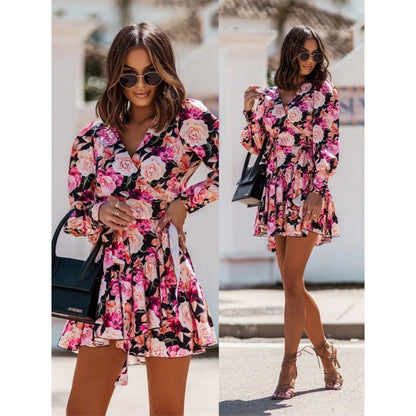 Robe jupe imprimée à manches longues et col en V avec taille ajustée