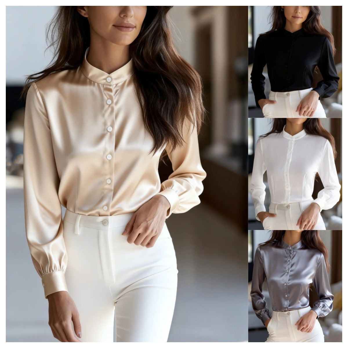 Autumn Solid Color Temperament Commuter Stand Collar Button Long Sleeve Shirt