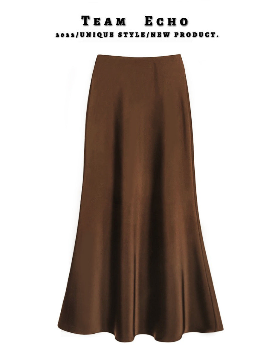 High Waist Slimming Mid-length Satin Acetate Silky Skirt