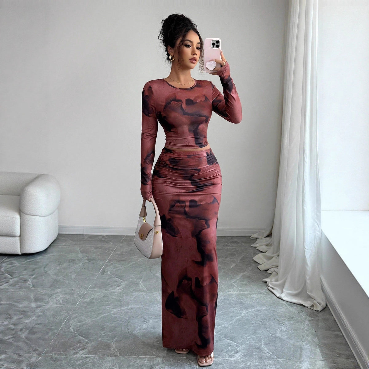 Long-sleeve T-shirt And Tight Long Skirt Set