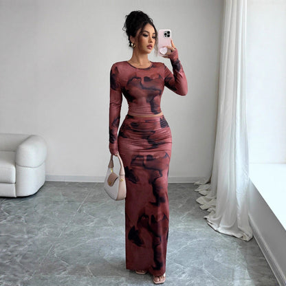 Long-sleeve T-shirt And Tight Long Skirt Set