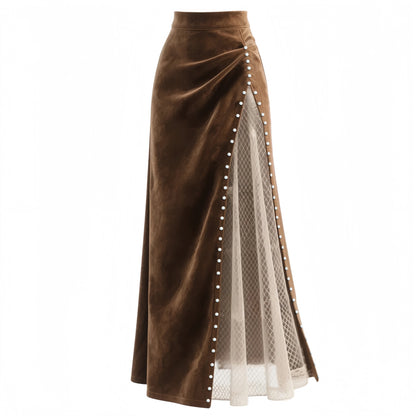 Womens Retro Western Mesh Patchwork Beaded Long Skirt