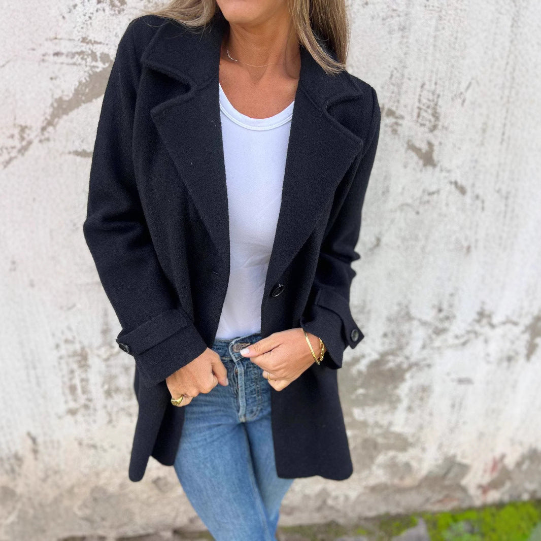 Manteau en laine pour femme, décontracté, ample, revers, fausse poche, cardigan, pardessus en laine