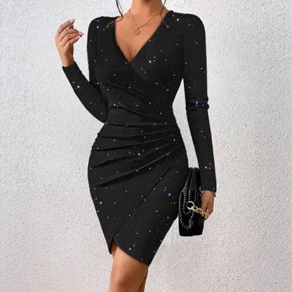 Long-sleeved V-neck Pleated Bodycon Dress For Women