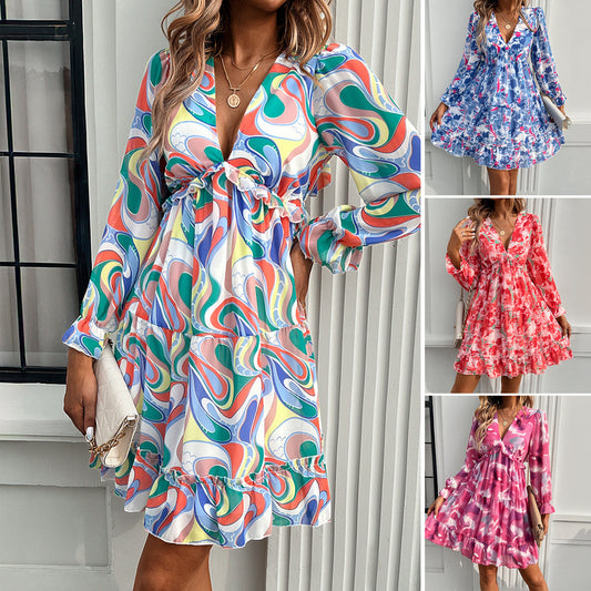 Robe imprimée à manches longues et col en V, style vacances printemps-été