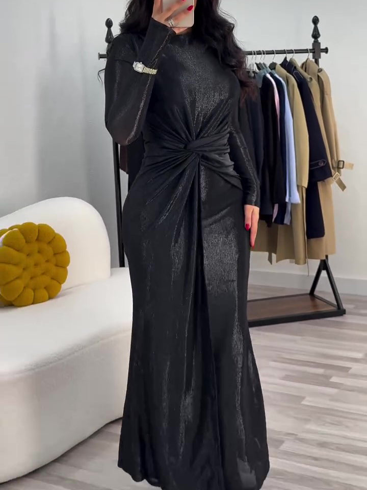 Metallic Maxi Dress With Twist Front Detail And Long Sleeves