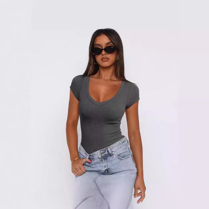 Womens Ribbed Pullover Solid Color Versatile And Stylish Short Sleeves