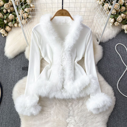 Pure Desire V-neck Stitching Bell Sleeve Slim Slimming And Simple Sweater