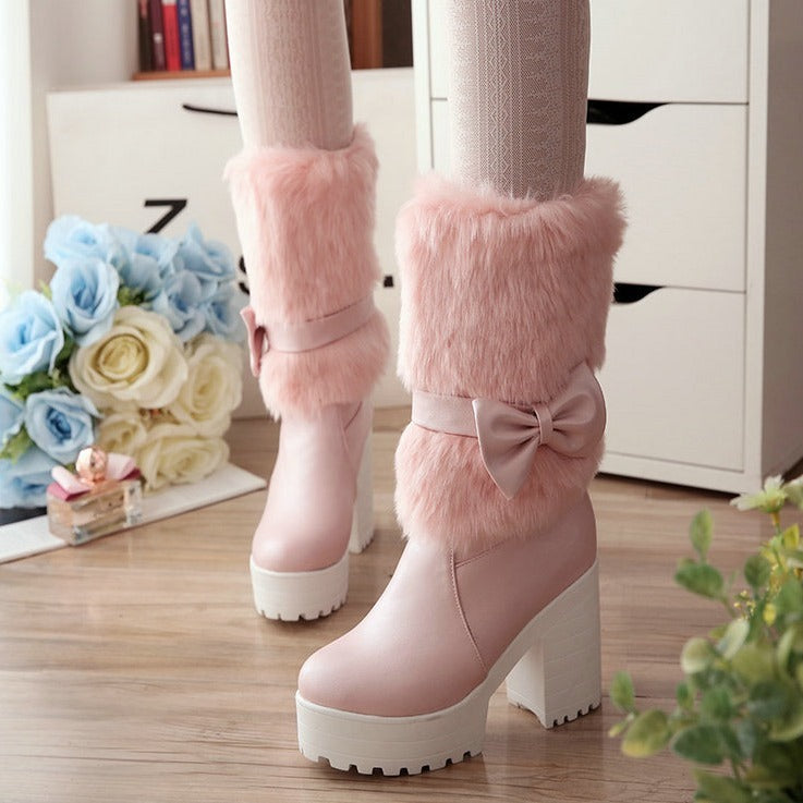 Bottes de neige à talon épais et nœud pour femme