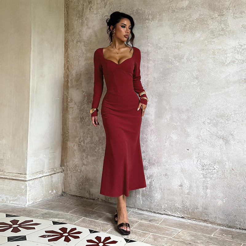 Waist-cinching Long-sleeved Dress Solid Color Slim Fit