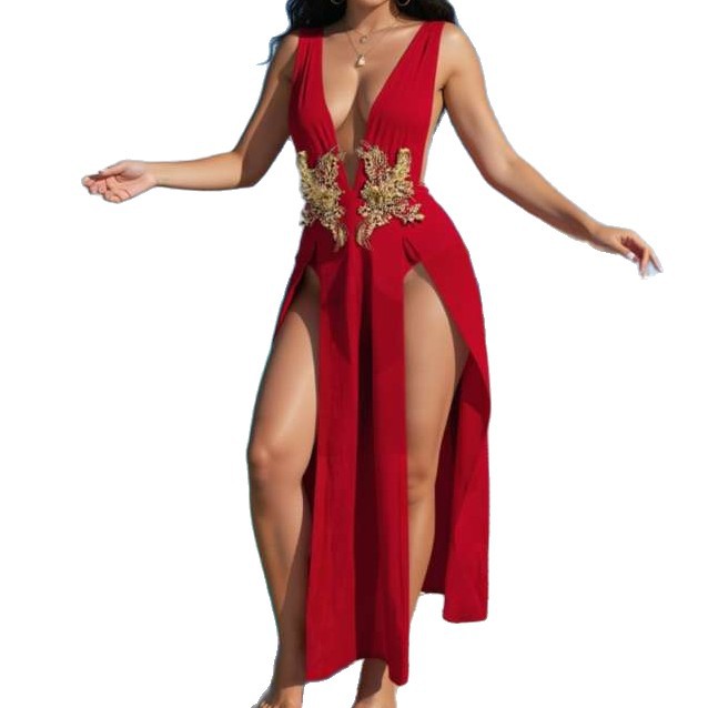Deep-V High-slit Dress For A Beachy Vacation Look