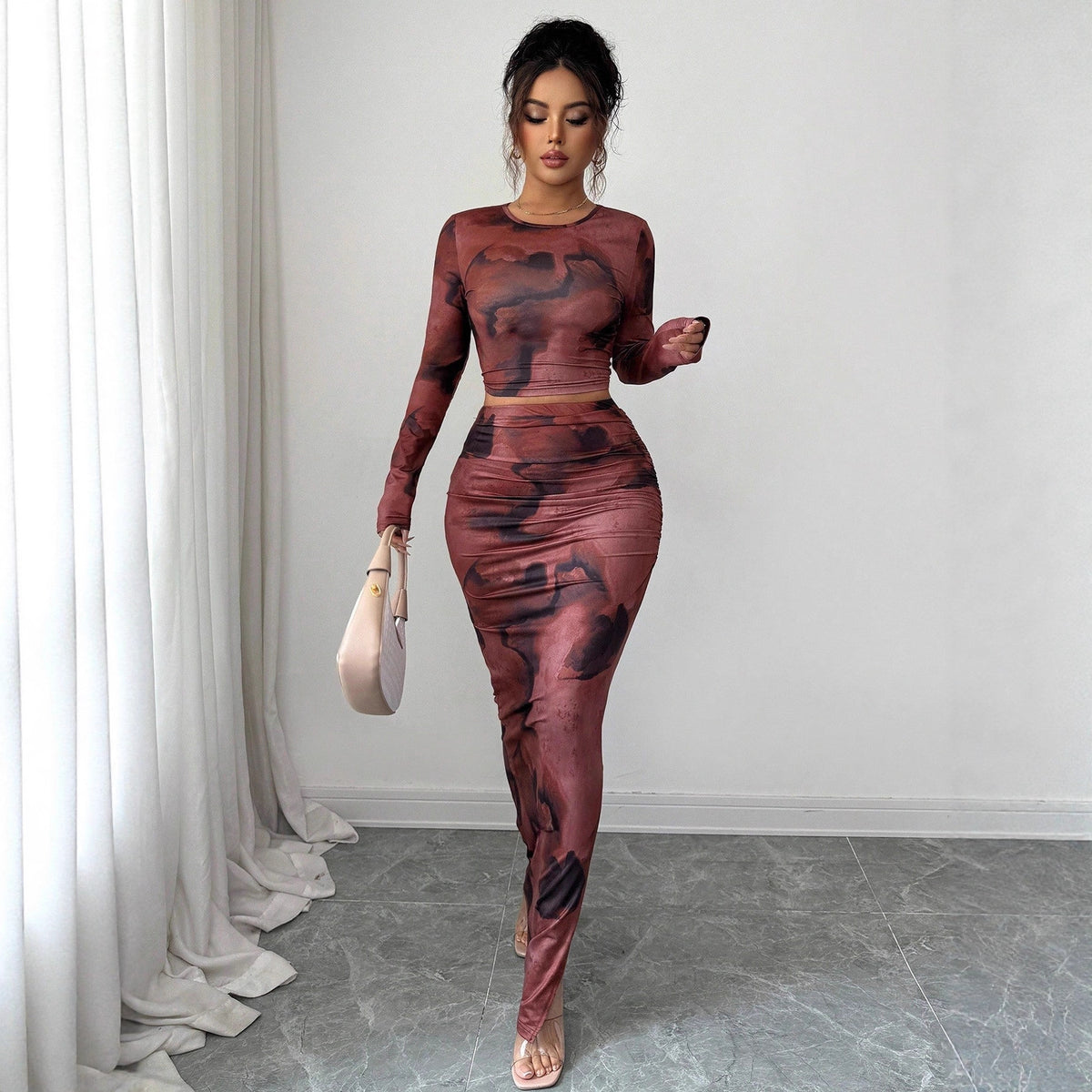 Long-sleeve T-shirt And Tight Long Skirt Set