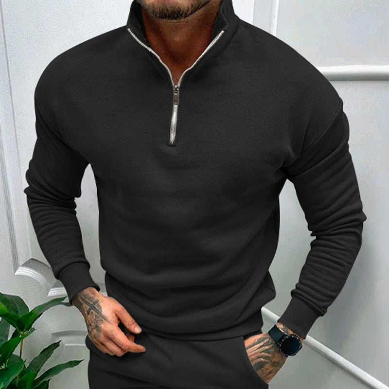Sweat-shirt zippé de couleur unie pour homme, haut à manches longues doublé polaire, automne et hiver