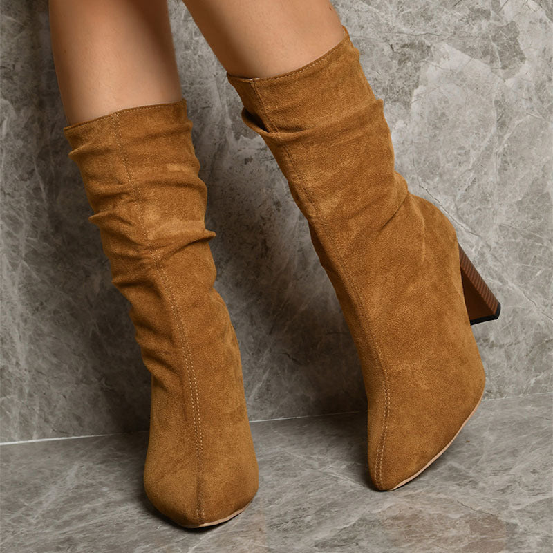 Bottes à talons hauts et bout pointu pour femme, chaussures d'hiver chaudes en daim mi-mollet, tendance et solides, idéales pour toute vos sorties