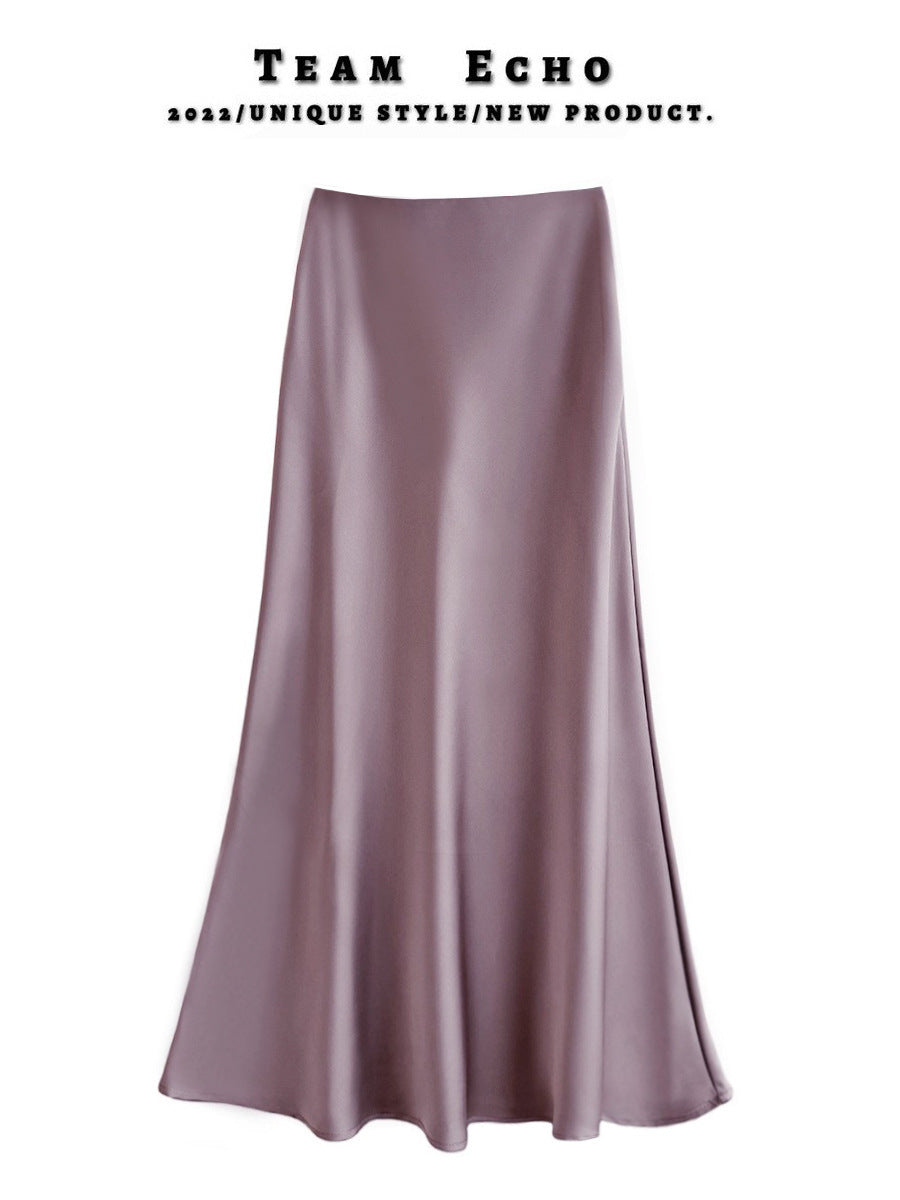 High Waist Slimming Mid-length Satin Acetate Silky Skirt