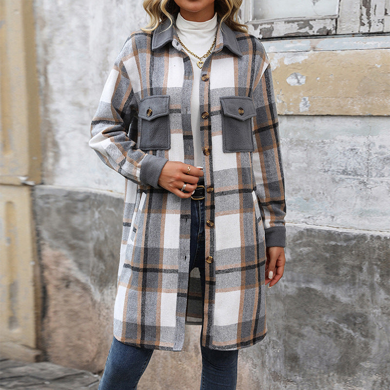 Nouveau manteau long à carreaux brossés avec poches, veste d'hiver tendance, vêtements d'extérieur pour femmes