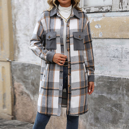 Nouveau manteau long à carreaux brossés avec poches, veste d'hiver tendance, vêtements d'extérieur pour femmes