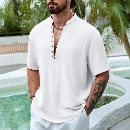 Chemise d'été décontractée à manches courtes et col en V  pour homme, en coton et lin, à boutons multiples