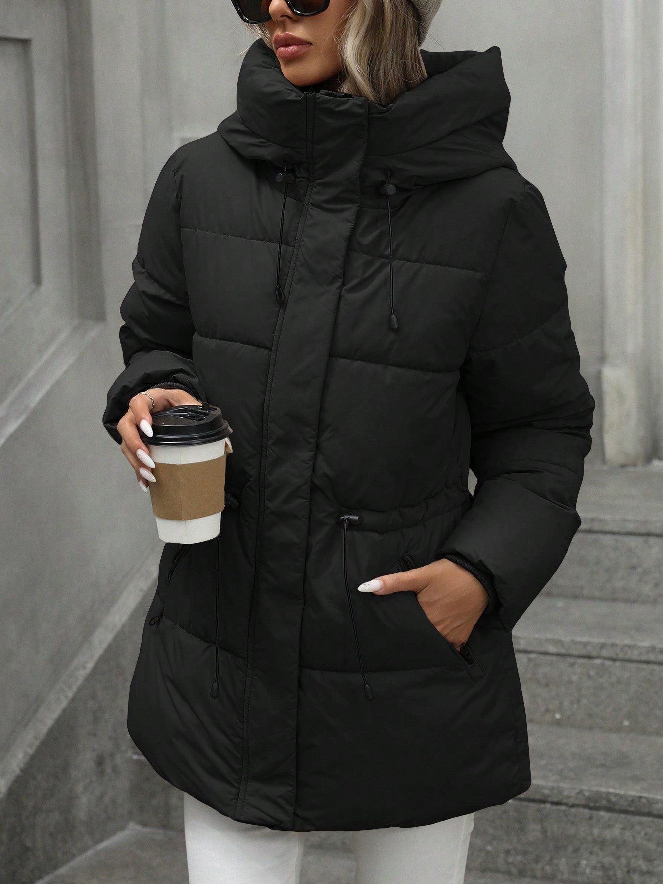 Manteau mi-long matelassé à capuche, taille ajustable, décontracté, rembourré, vêtements d'hiver pour femmes
