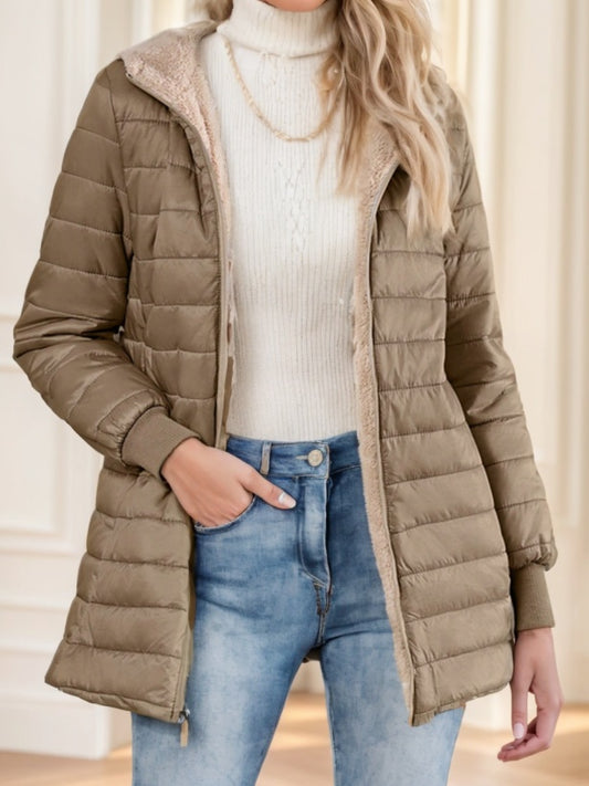 Manteau matelassé à capuche en polaire de couleur unie, style décontracté et polyvalent, Aveloria Modichic