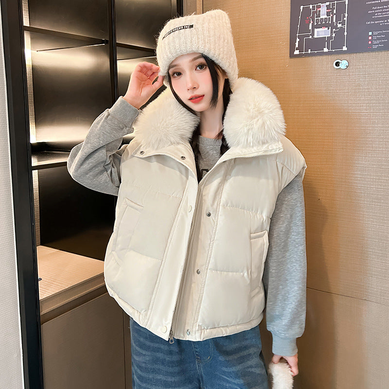 Gilet ample en coton à gros col en fourrure pour femme, fermeture éclair très a la mode.