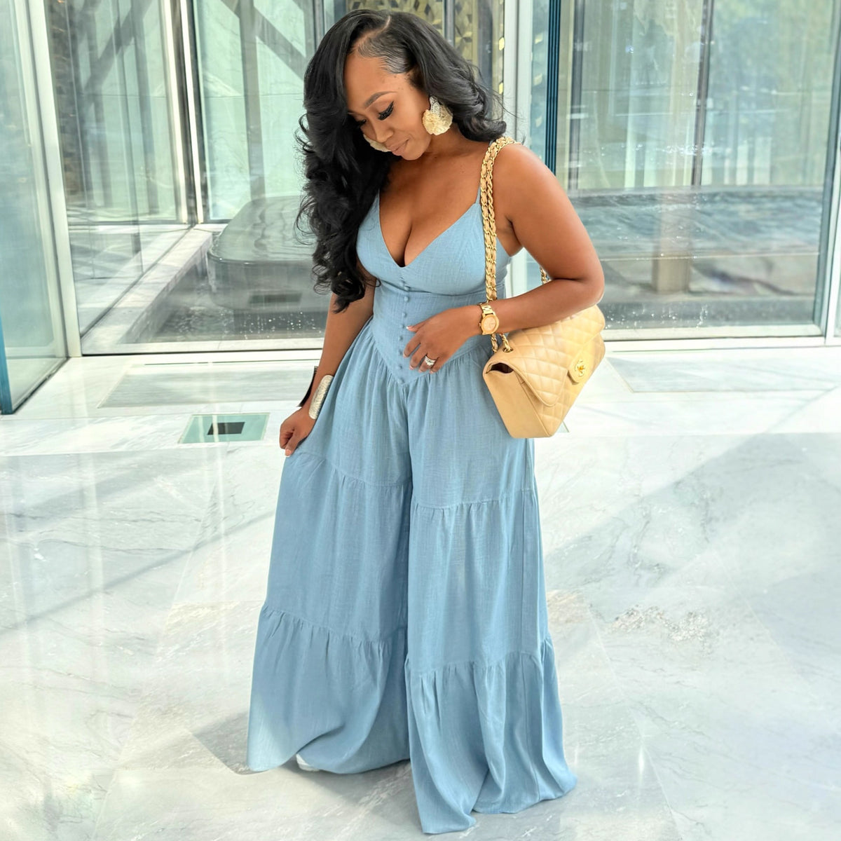 Womens Solid Color Deep V-Neck Long High-Waist Jumpsuit