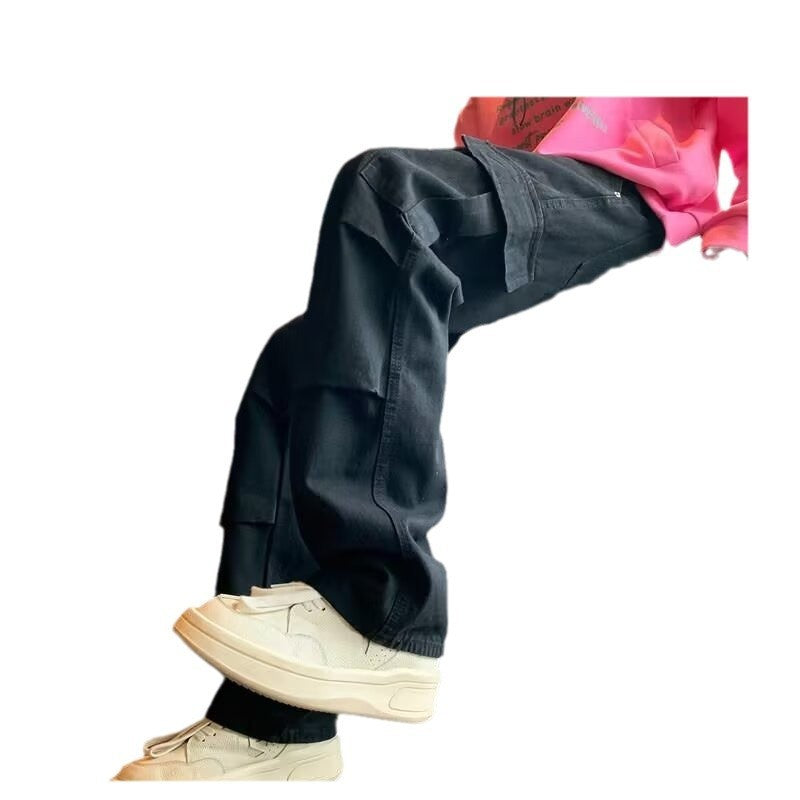 Pantalon en denim décontracté, ample, droit, délavé, style rétro