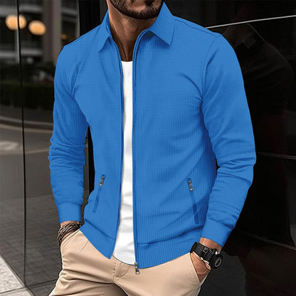 Cardigan gaufré à revers et poches zippées pour homme, coupe ajustée, printemps et automne