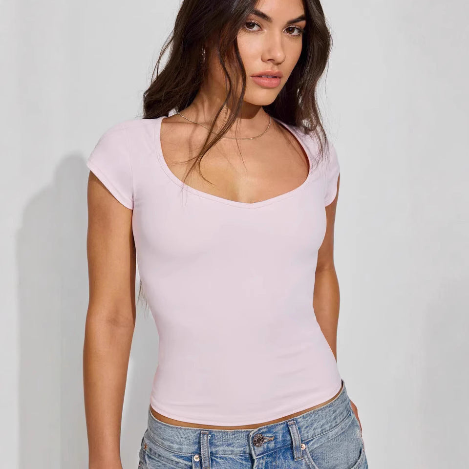 Été Femmes Slim Col Coeur Couleur Unie Décontracté Manches Courtes