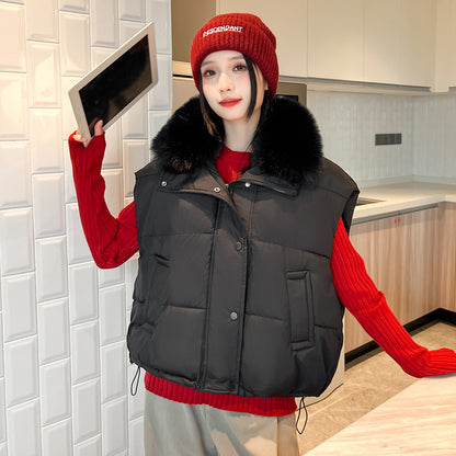 Gilet ample en coton à gros col en fourrure pour femme, fermeture éclair très a la mode.