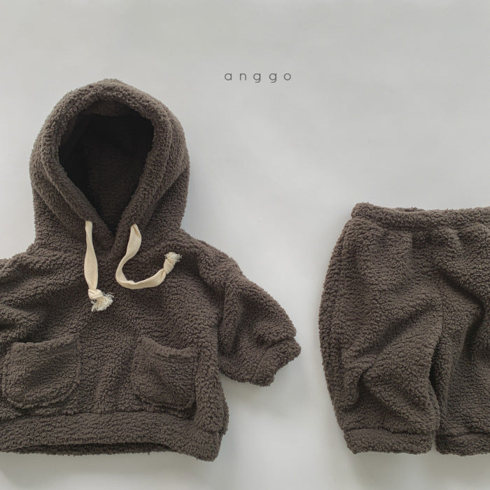 Combinaison en peluche douce pour enfants garçons et filles, pull à capuche chaud et épais, pantalon deux pièces
