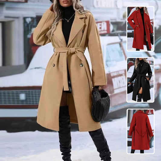 Trench-coat croisé à revers avec ceinture, mode hiver, veste longue couleur unie, vêtements d'extérieur pour femmes
