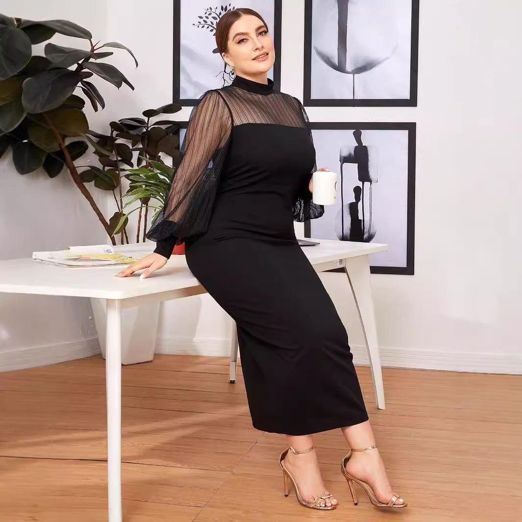 Commuting Mesh Spliced Semi-high Neck See-through Bodycon Long Dress