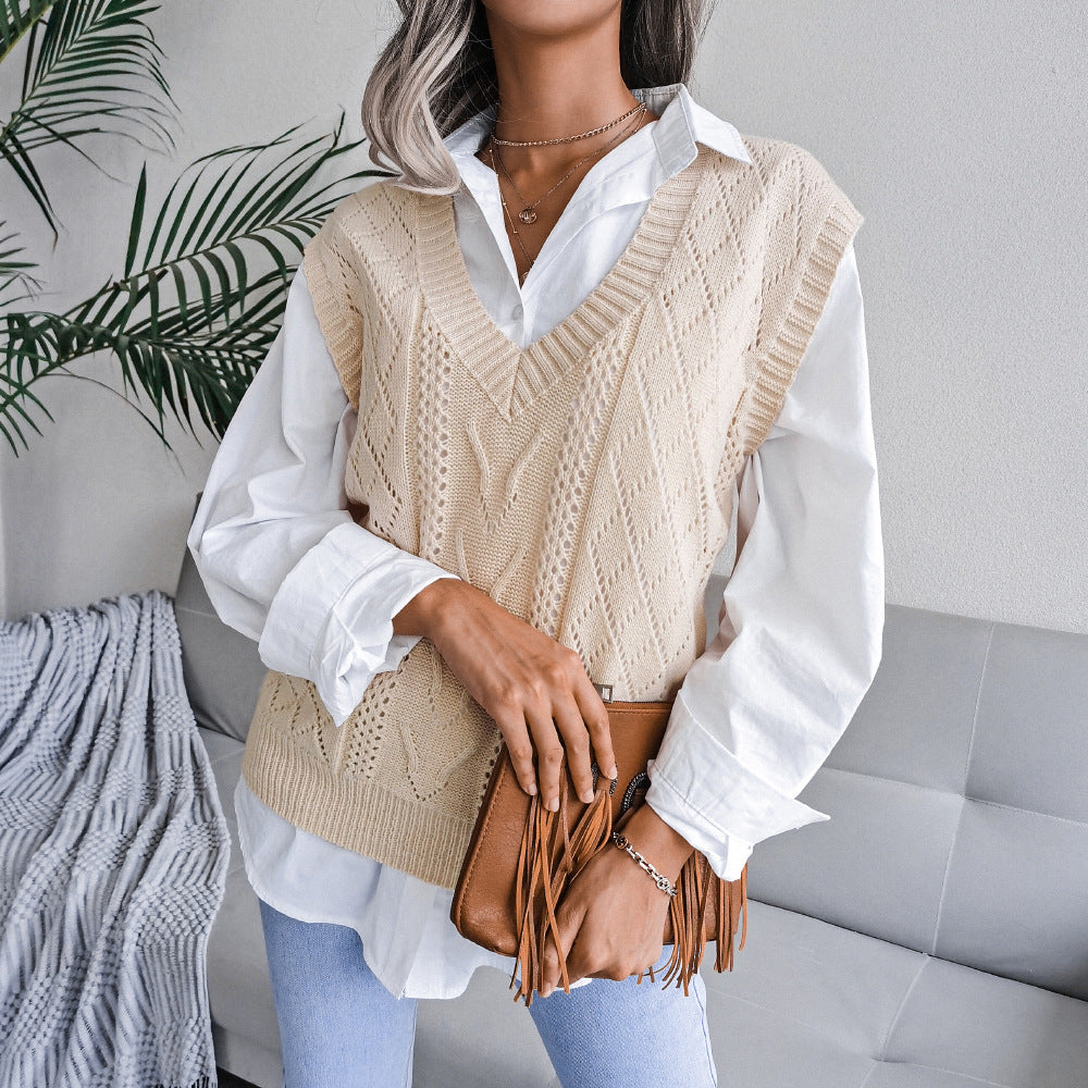 European And American Hollowed Out Twist V-neck Knitted Vest Sweater