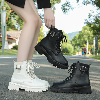 Bottines noires à lacets et boucle de ceinture de style britannique pour l'automne et l'hiver