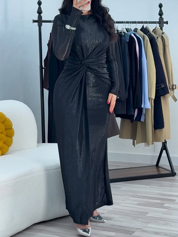 Metallic Maxi Dress With Twist Front Detail And Long Sleeves
