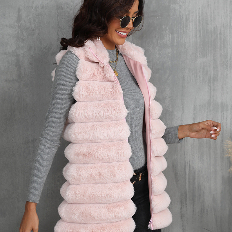 Gilet mi-long en fausse fourrure pour femme, nouvelle collection automne-hiver